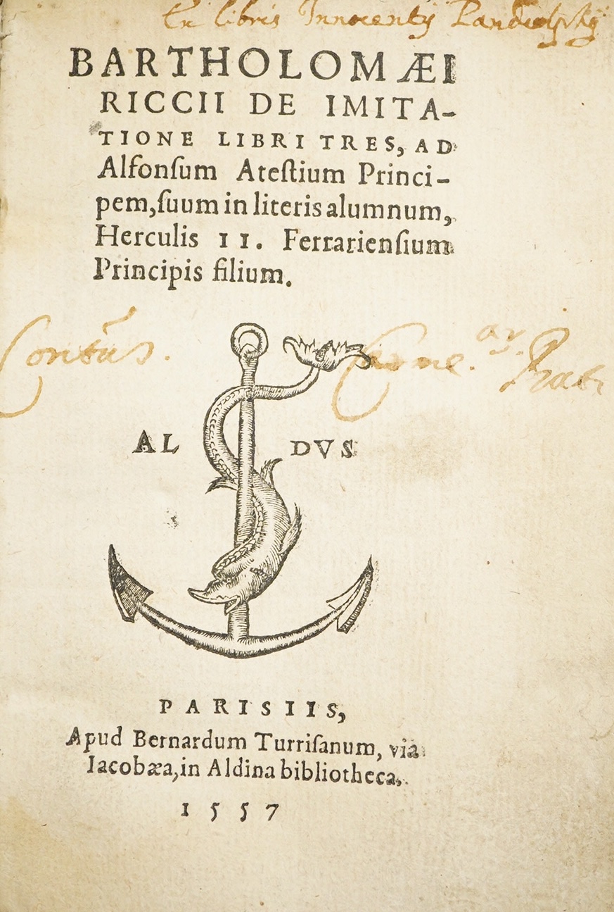 Riccius, Bartholomeaues - De Imitatione libri tres ad Alfonsum atestium principem suum in literis alumnum Hercules II. (?3rd edition) engraved title device, decorated initial letters, 104ff.; old vellum, 16mo. Paris: Ber
